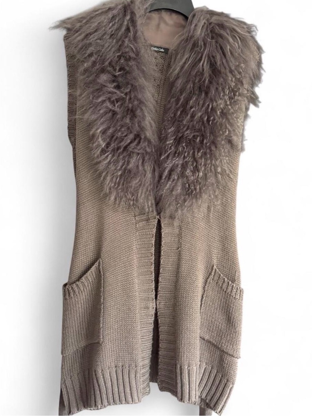 Dolce Cabo Mongolian Fur Collar Belted Sweater Vest Wool Blend Taupe L Y2K
